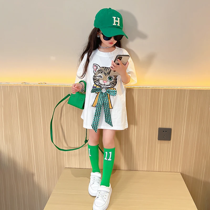 Летняя длинная футболка для девочек детское платье-футболка детские топы