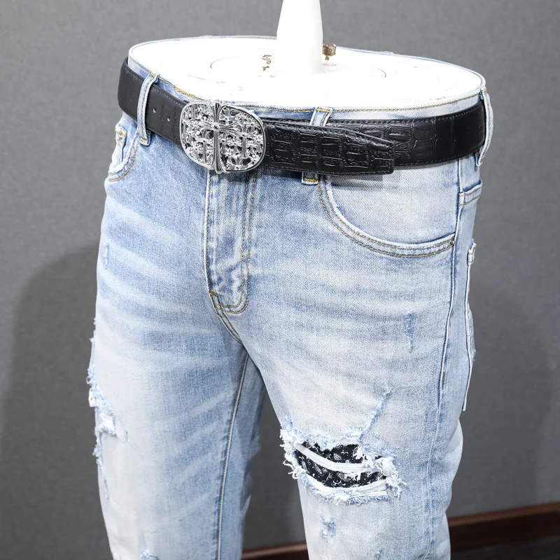Street Fashion Men Jeans Retro Light Blue Elastic Skinny Ripped Jeans Men Stretch Trousers Patched Designer Hip Hop Brand Pants