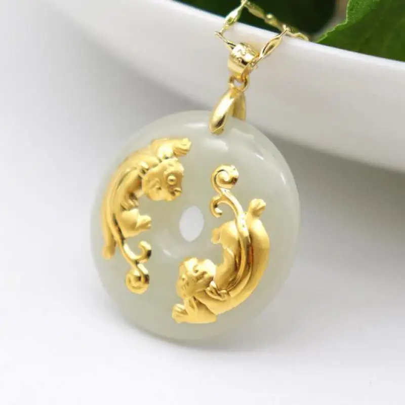 

24K Gold Lucky Double PIXIU Inlaid With Natural HeTian Jade Necklace Men Women Circle Ring Amulet Blessing Pendant Fine Jewelry