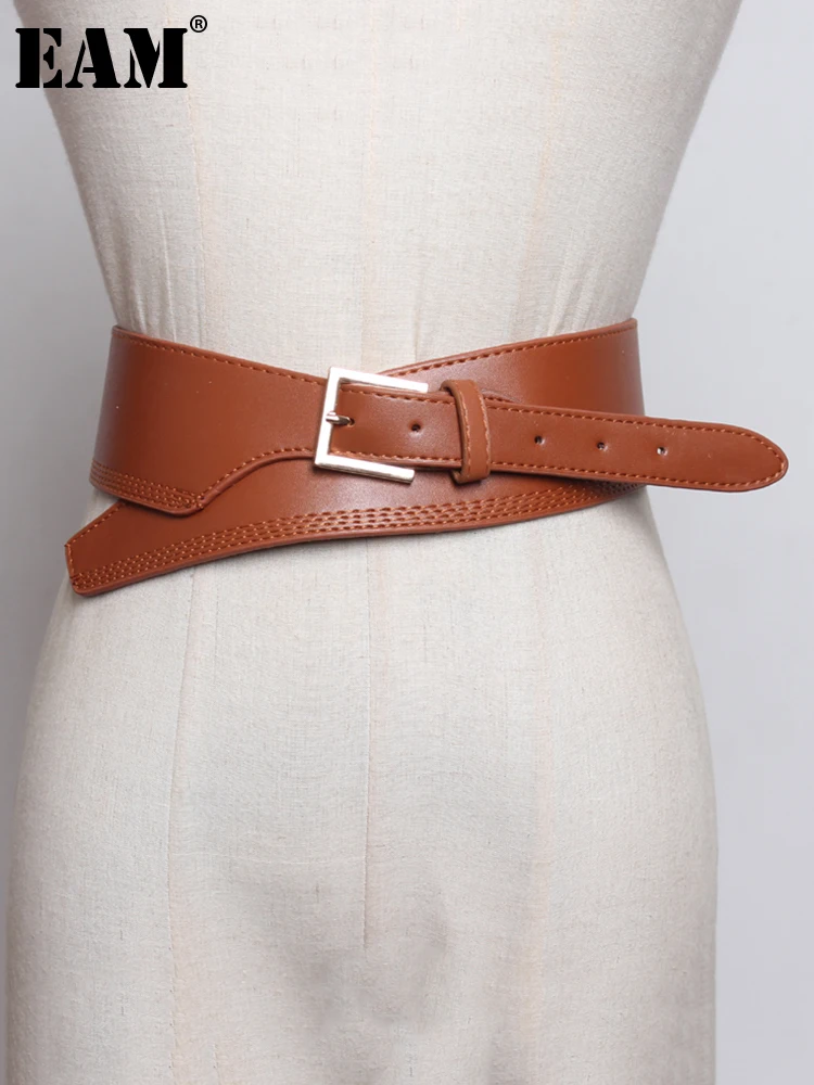 

[EAM] Pu Leather Camel Black Irregular Long Wide Belt Personality Women New Fashion Tide All-match Spring Autumn 2022 1DE8446