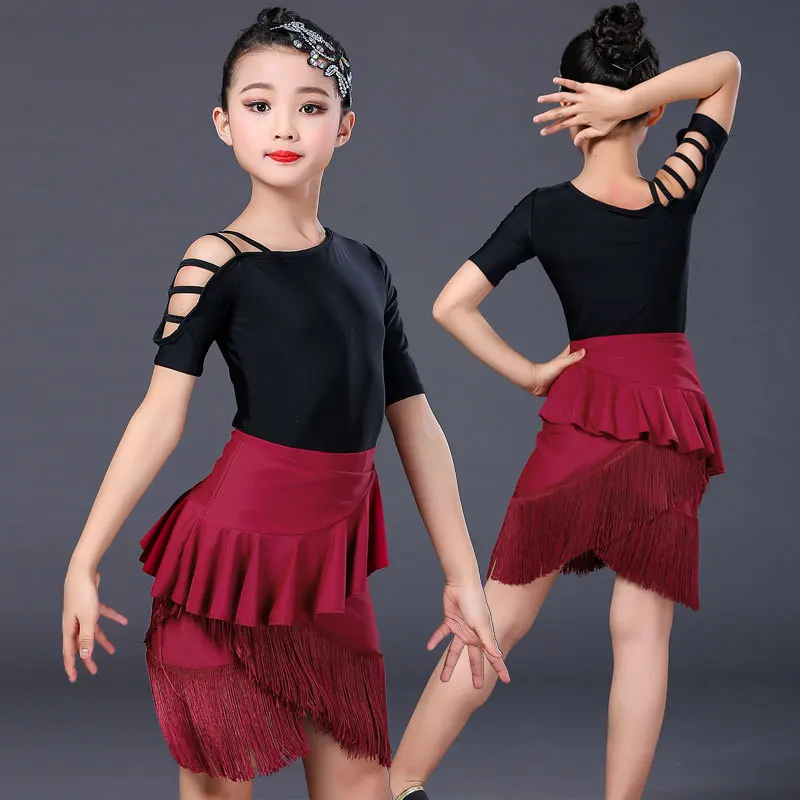 

Girls Children Ballroom Tassels Fringe Latin Dress Costume Practice Wear Cha Cha Rumba Samba Tango Performance Dancewear