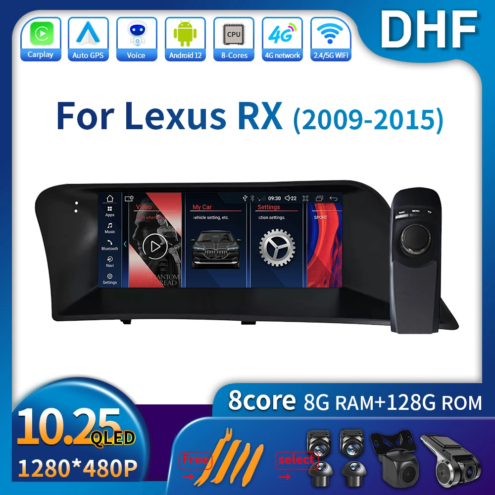 

10,25 дюймов Android 12 для Lexus RX 2009 - 2015 Carplay автомобильные аксессуары навигация Авторадио мультимедийный плеер головное устройство аудио 4G