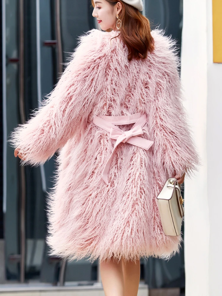 Fashion Faux Wool Fur Pink Coat Women 2022 Elegant Solid Color Imitation Fur Lamb Long Coat with Belt Ladies Office Outwear