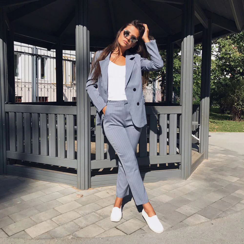 2023 New Fashion Pant Suits 2 Pcs Set for Women Kостюм женский Double Breasted Striped Blazer Jacket & Trouser Office Lady Suit