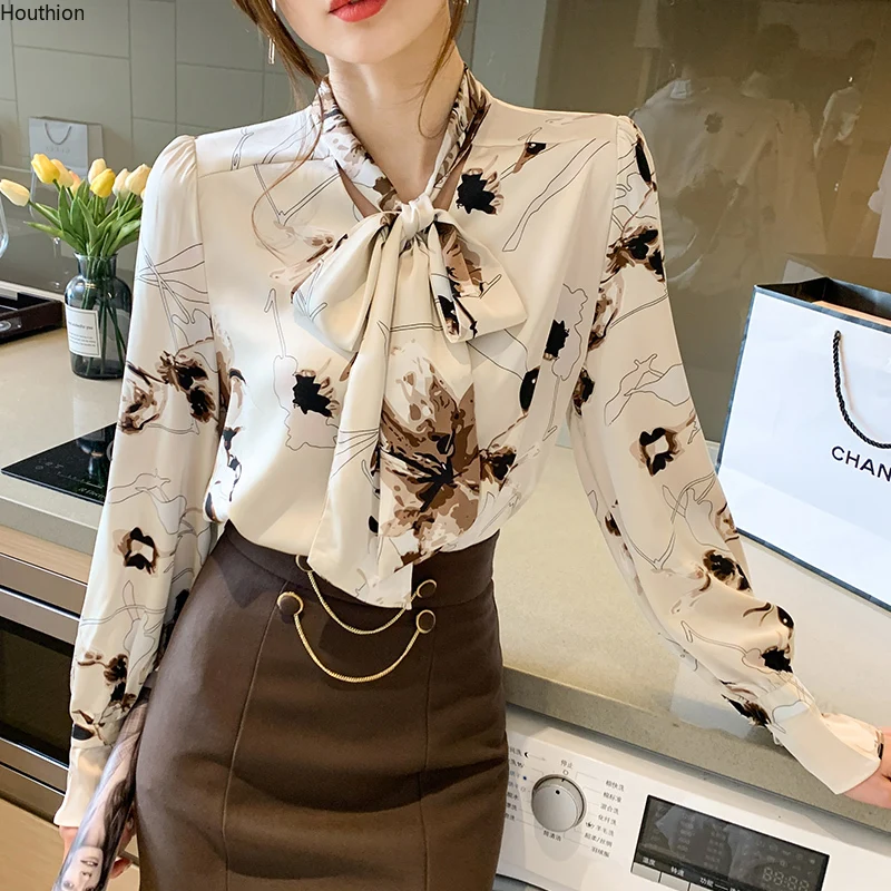 

Chiffon Women's Blouse Bow Casual Shirt New Loose Long Sleeve Top Print Summer Fashion Clothing Houthion