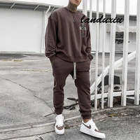 new brown cotton long sleeved round neck top lace up brown trousers with pockets loose casual clothing landuxiu