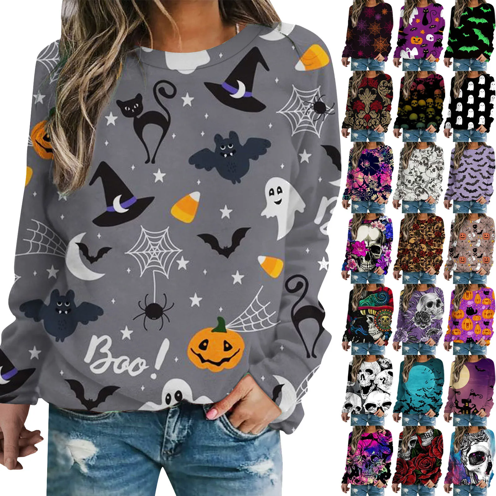 

Women Casual Pullover Halloween Print Round Neck Long Sleeve Lined Sweatshirts Women Top Women over Sweatshirt with Zipper