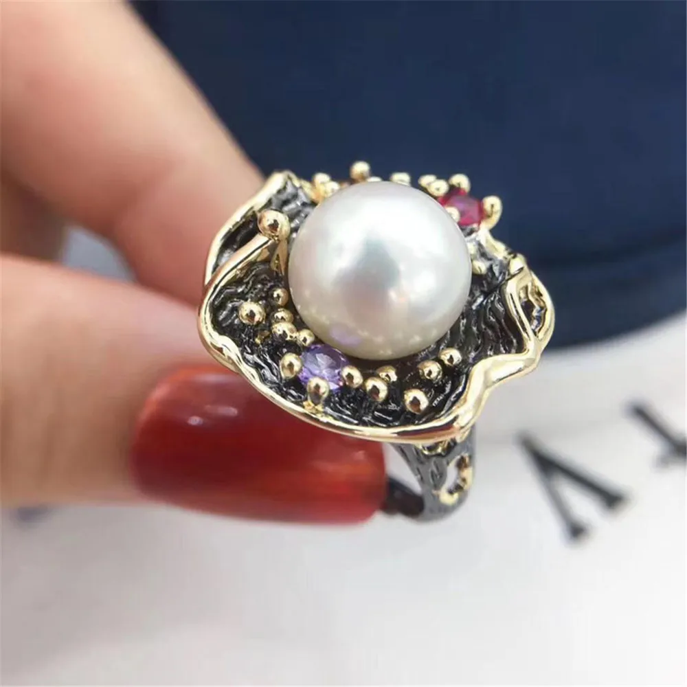 

DIY Pearl Accessories S925 Sterling Silver Pearl Ring Empty Holder Gun Black Ring Holder Fit 10-12mm Beads