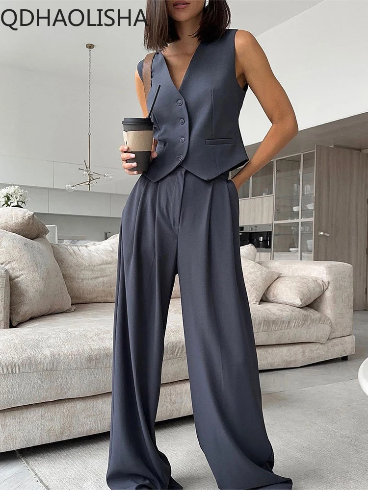 

Женский комплект из трех предметов, осенне-зимний костюм с брюками и жилетом с V-образным вырезом, элегантный повседневный комплект из жакета и брюк с широкими штанинами