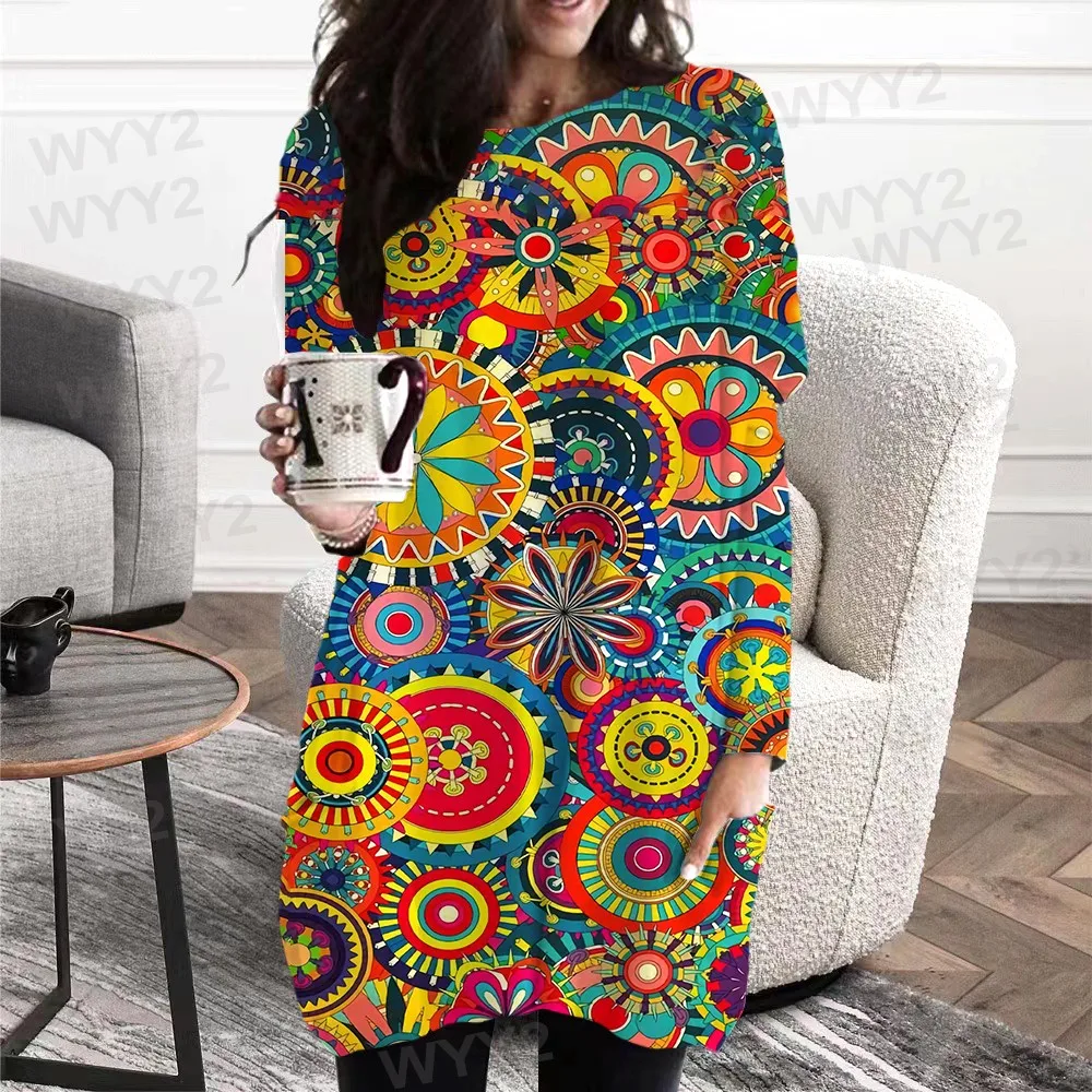 

Женское платье-футболка с карманами, винтажное платье средней длины с принтом в африканском стиле, осень 2021