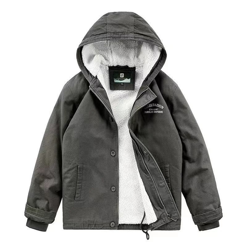 Men'S Winter Cotton Clothes Men'S Jacket Male Lamb Fleece Thickened Hooded Jacket Jacket Men'S Retro Overalls Warm Clothes M-5xl