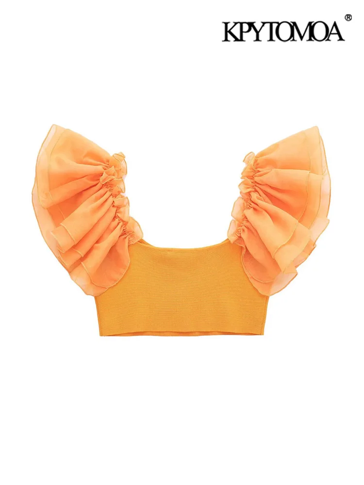 

KPYTOMOA Женская мода с оборками из органзы трикотажная Женская винтажная рубашка с круглым вырезом и коротким рукавом женские блузы шикарные ...