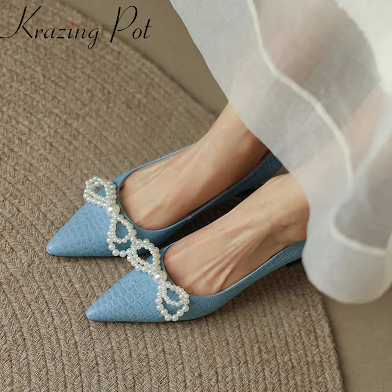 

Krazing Pot cow leather pointed toe stiletto heels prints stone patterns skin slip on pearl beading bow tie shallow summer pumps