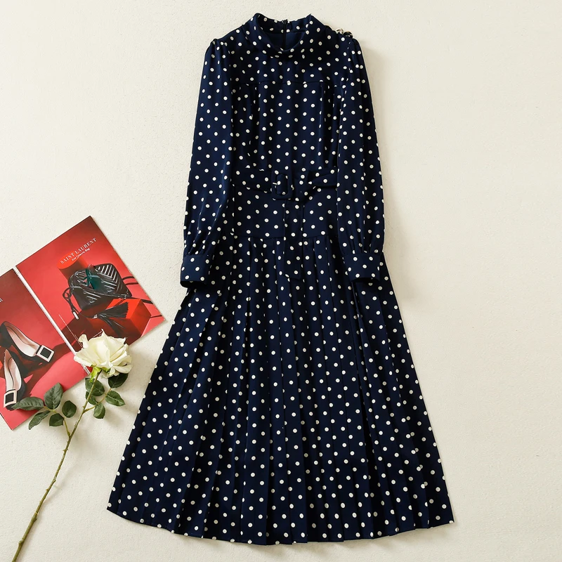 

Red RoosaRosee Fashion Summer 2022 Women Stand Collar Long Sleeve Dot Print Blue Midi Dress + Belt Female Vestidos Robe Femme