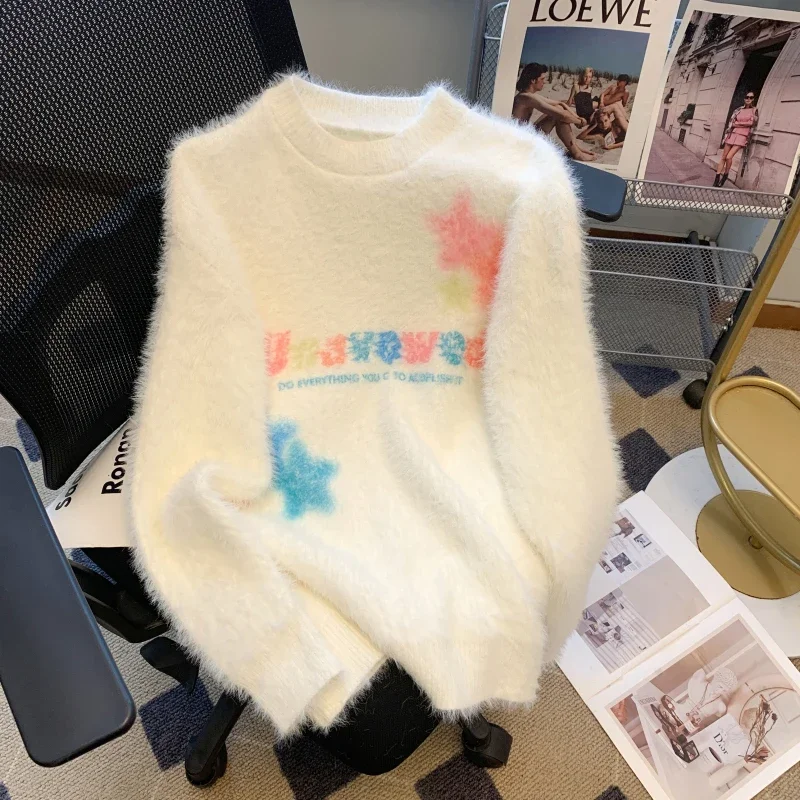 

Свободные повседневные женские свитера, мохеровый кашемировый пуловер, осень/зима, Корейская одежда, джемперы с длинным рукавом