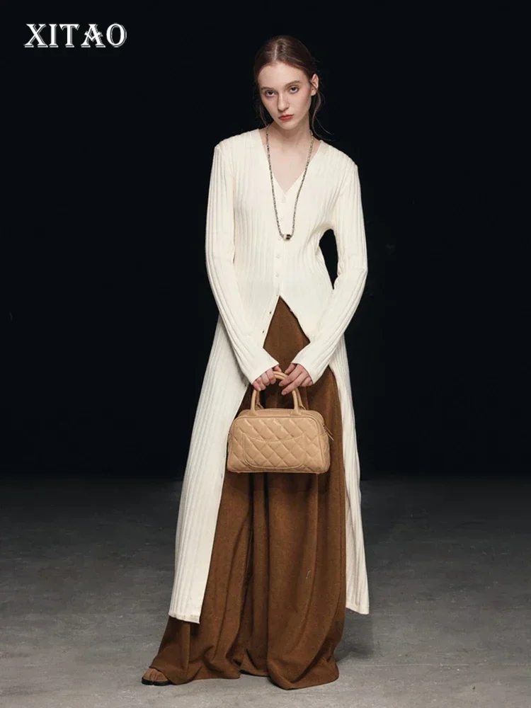 

XITAO однобортное трикотажное платье модное однотонное простое тонкое платье с длинными рукавами 2023 г. Новинка DMJ2926