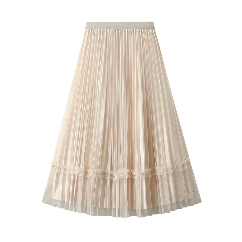 

2023 Summer New Women's Vintage Skirt Apricot Black Khaki Ruffles Street Party A-Line Double Sided Tulle Skirts 1873