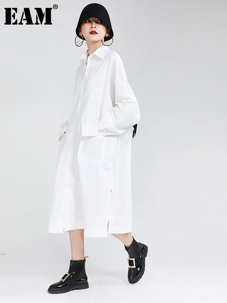 

[EAM] Women White Drawstring Big Size Long Dress New Lapel Long Sleeve Loose Fit Fashion Tide Spring Autumn 2023 1Z867