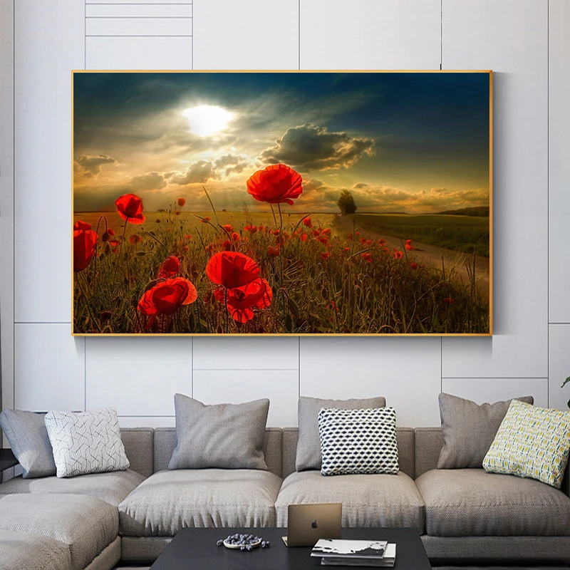 

Red Poppies Canvas Paintings Sunset Canvas Posters and Prints Flowers Wall Art Pictures for Living Room Decoration