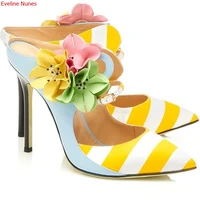 mixed colors flower stripe sandals womens fashion pointed toe comfortable buckle stiletto summer new arrival beautiful shoes