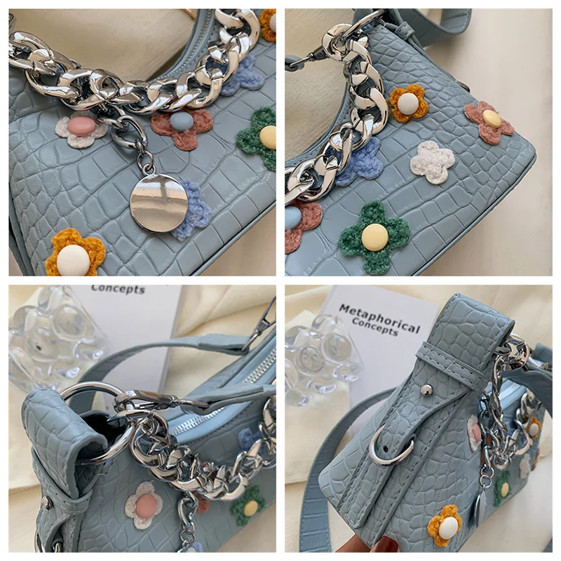 retro casual shopping bag fashion flowers women totes shoulder bags female quality leather solid color chain handbag for women free global shipping