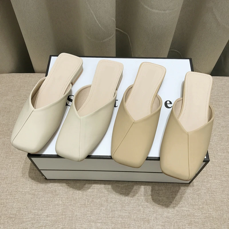 

Women's Genuine Leather Slippers 2023 Summer Black Elegant Baotou Women's Shoes Casual Slip on Square Heel Shoes Plus Size 35~40
