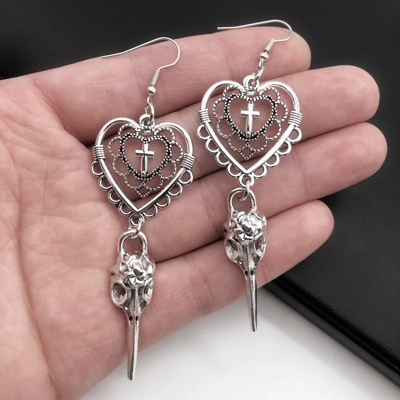 

Gothic Heart Cross Bird Skull Earrings Jewellery Design Dark Art Goth Aesthetic Dangle Earrings For Alternative Girl Punk Gifts