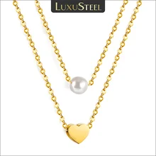 LUXUSTEEL Fashion Imitation Pearl Love Heart Pendant Necklace For Women Gold Plated Stainless Steel Double Layer Link Chain Gift