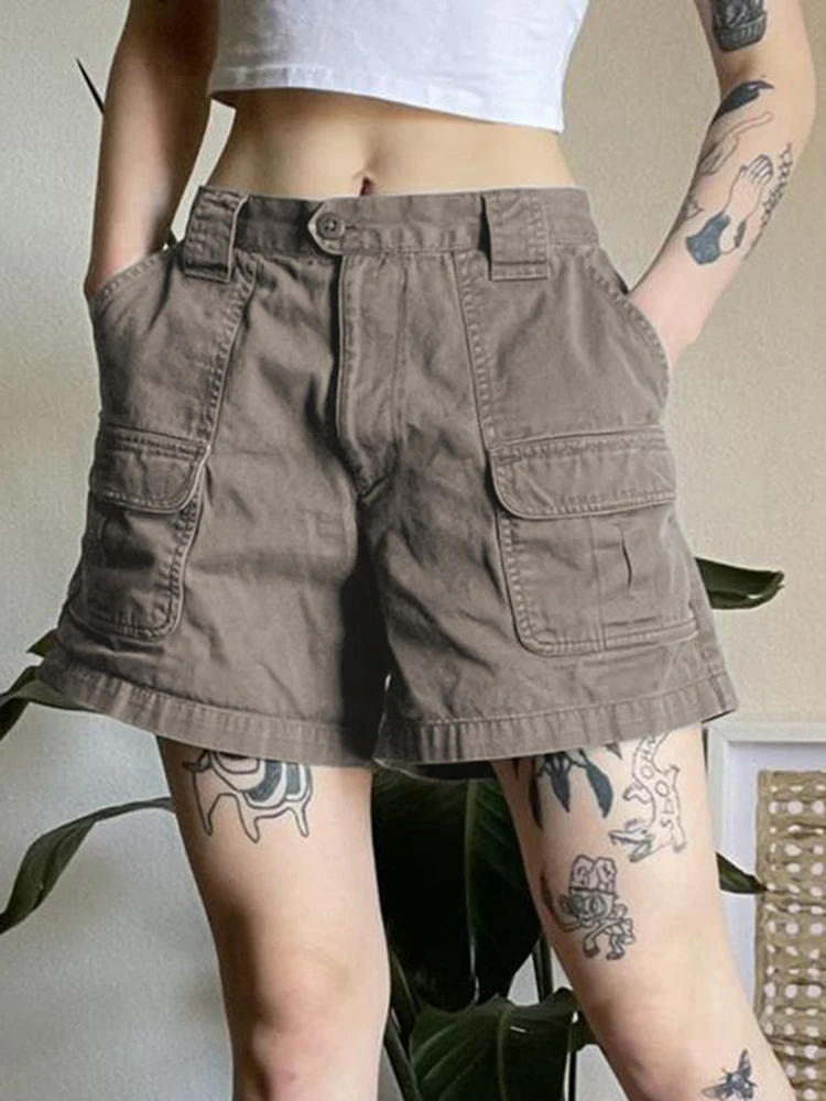 

Pockets Stitch Straight Leg Short Jean Pants Gray Casual Denim Summer Shorts For Women Vintage Y2K Streetwear Cargos
