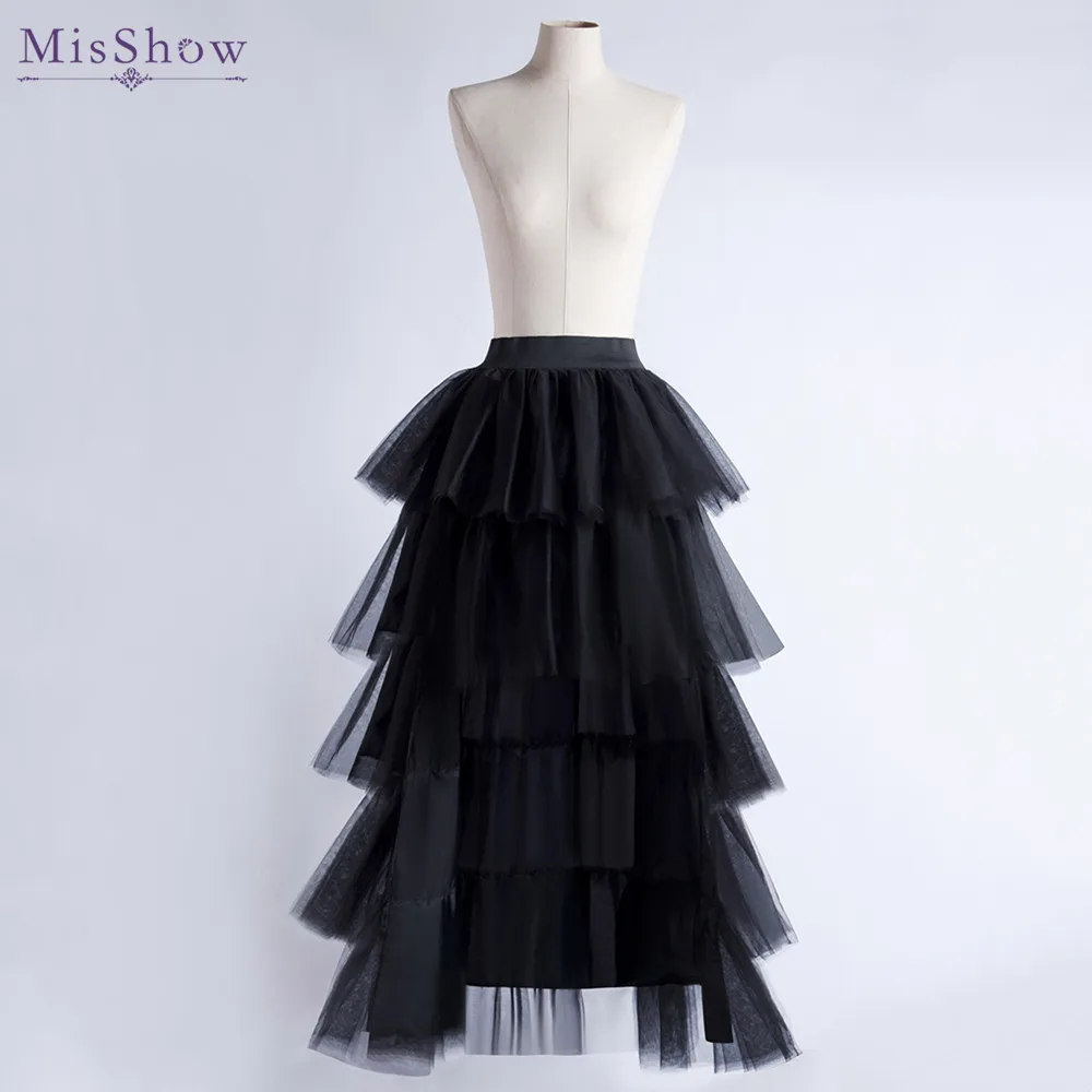 MisShow Gothic Hi-Lo Tulle Tutu Punk Layered Ruffles Tiered Skirt Women High Low Mesh Net Costume Party Prom Pleated Dress Long