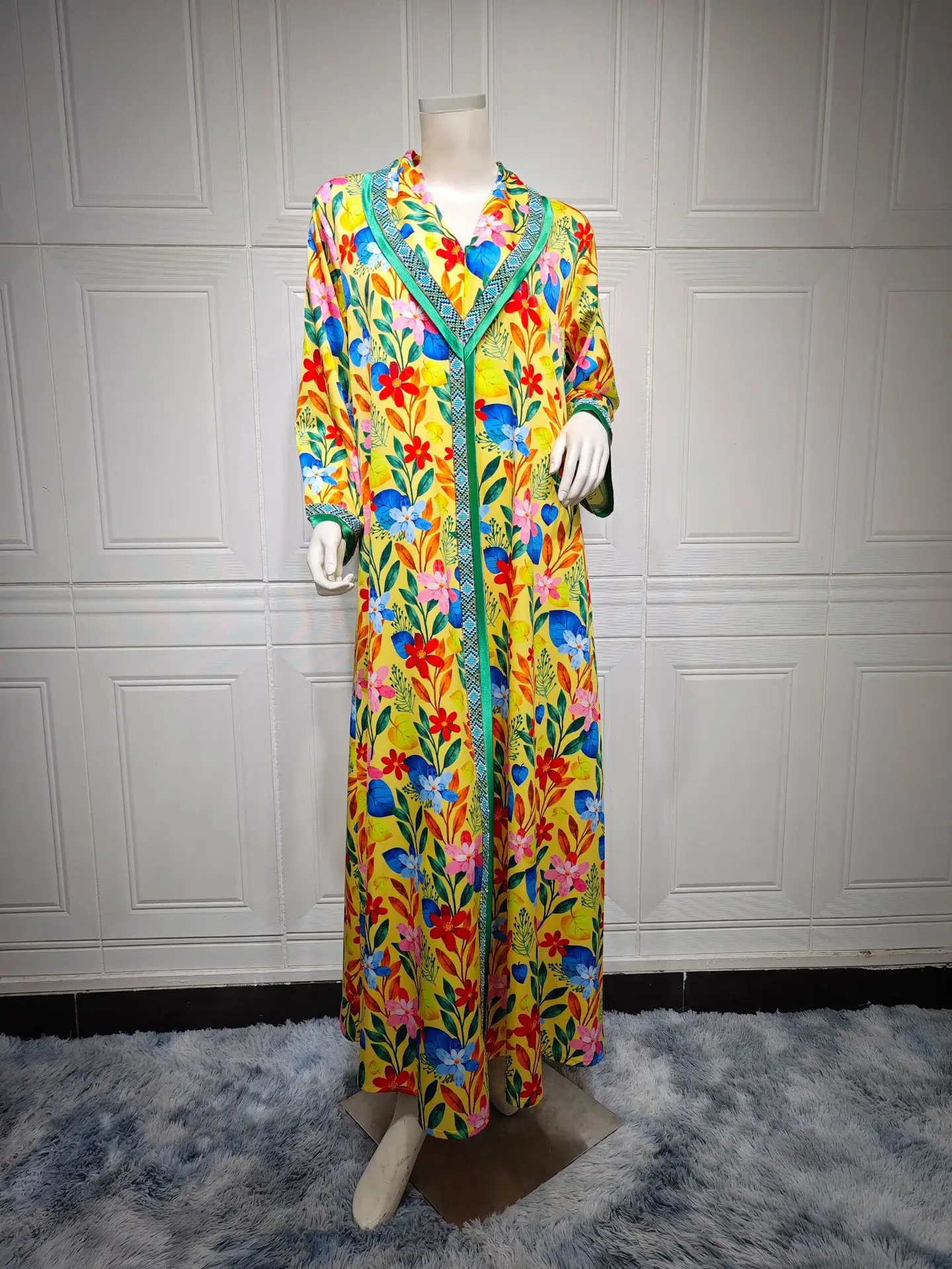 Уни Рамадан мусульманские женские платья с цветочным принтом и лентой отделкой