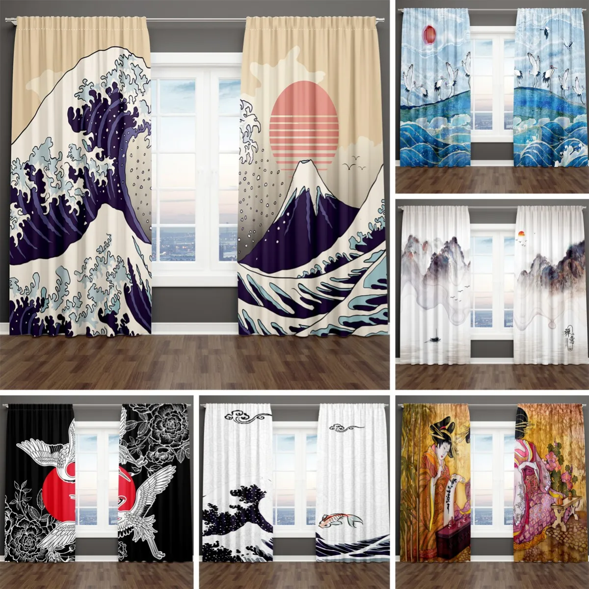 

3D Print Quietly Elegant Scenery Waves Japanese Style 2 Pieces Shading Window Curtain For Living Room Bedroom Decor Rod Pocket