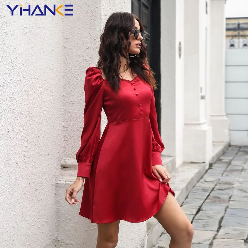 

New Satin Puff-Sleeve Ruched Dress for Women Solid Square Collar Sexy Dresses Ladies Streetwear Backless Zip Elegant Streetwear