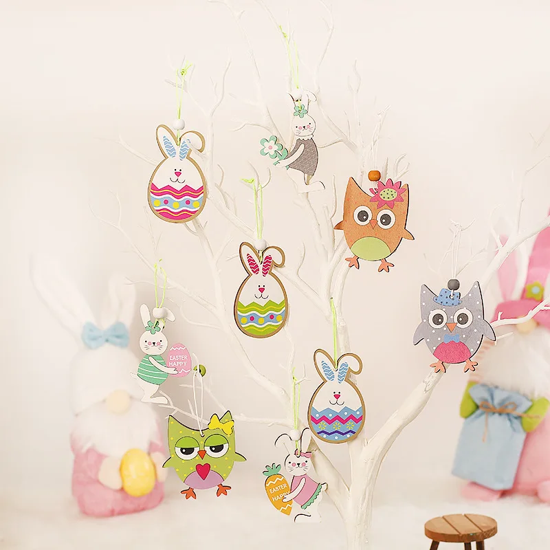

9pcs/set Easter Bunny Wooden Pendants Hanging Painting Rabbit Wood Crafts DIY Decor Easter Decorations for Home Kids Gift 2022