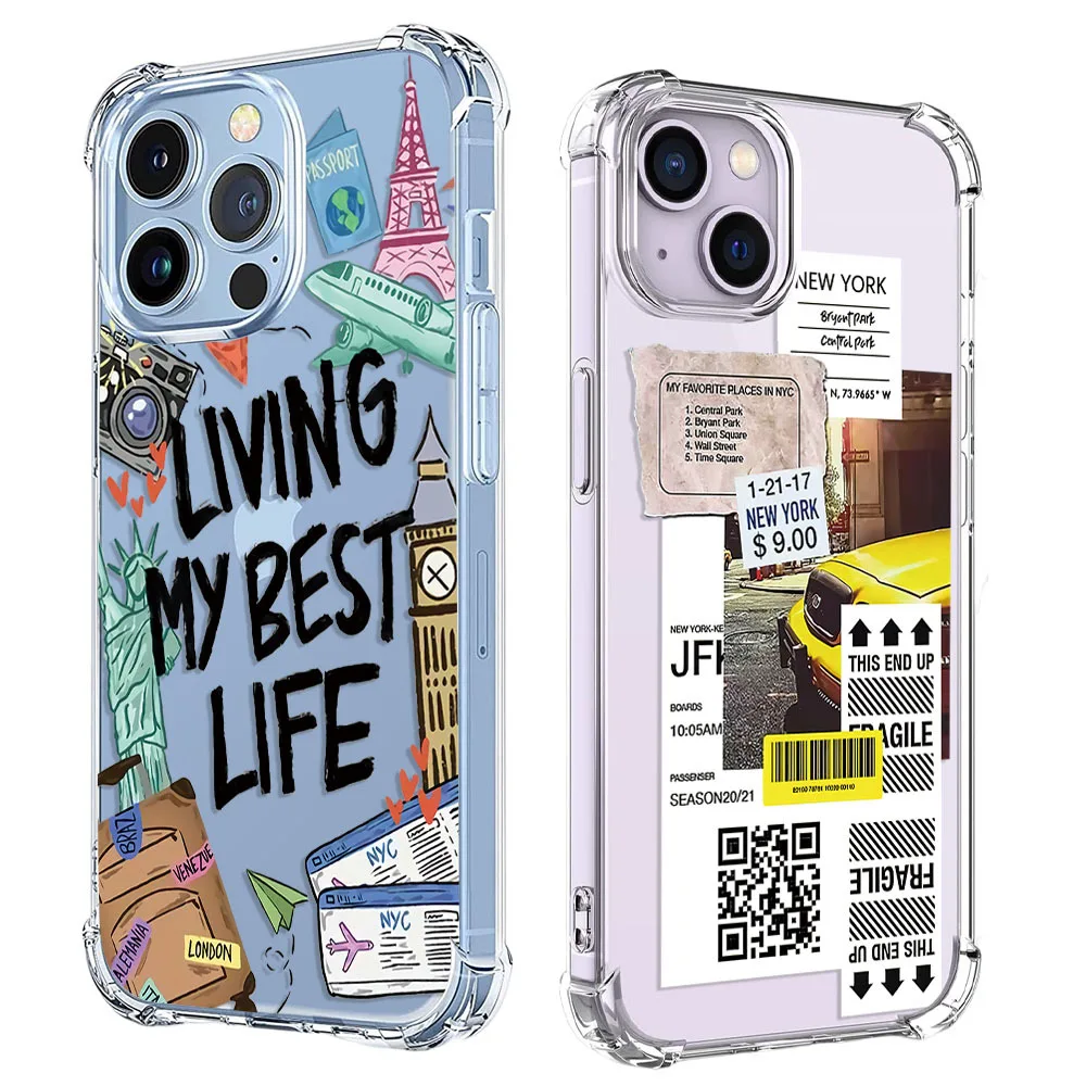 New York London Sticker Labels Phone Case For iPhone 14 13 12 11 Pro X XS XR Max 7 8 Plus SE 2 3 Shockproof Soft TPU Back Cover