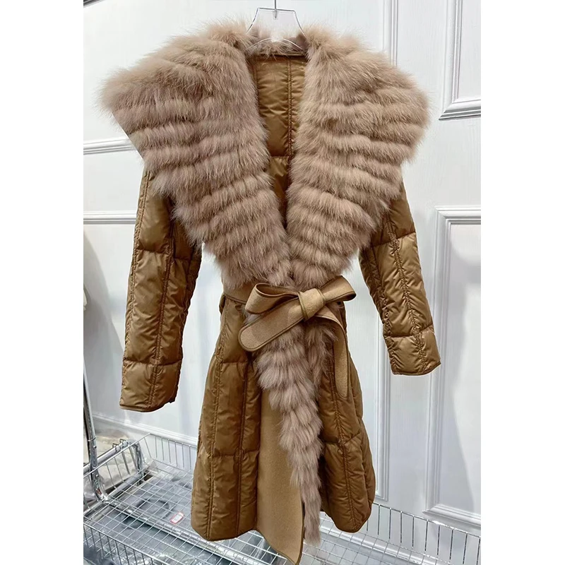 

2022 women winter new fur coat wool double-sided coat ladies' long fox fur placket large lapel trench coat outwear jd50