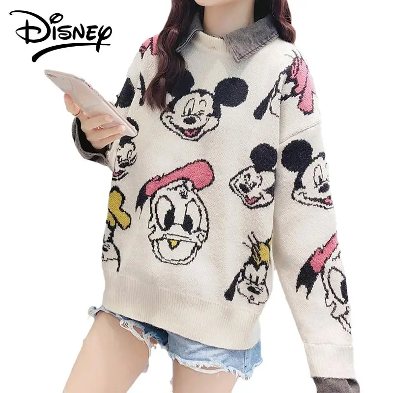 

Мультфильм Мисс Диснея теплые свитеры для отдыха пуловер с круглым вырезом для девушек с длинным рукавом Свободный вязаный свитер Топ зимн...