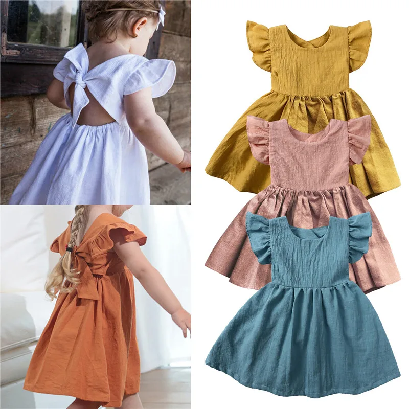 

Korean Style Summer Infant Girls Dress Flying Sleeve Cotton Linen Newborn Baby Girls Princess Dress Kids Party Dresses