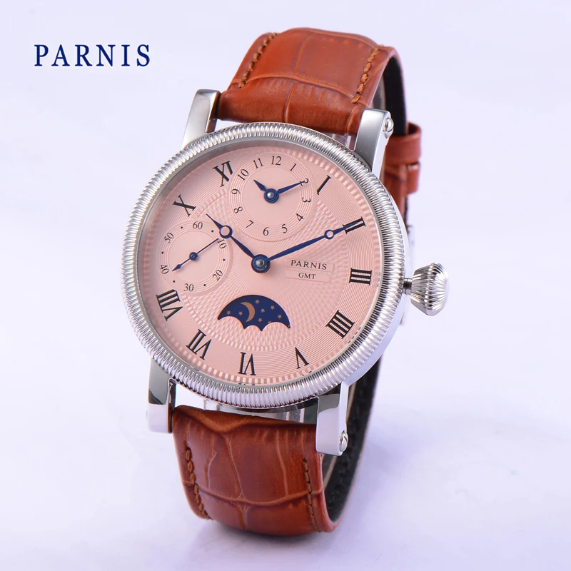 Fashion Parnis 43MM Pink Dial Hand Wind Men's Watch Blue Hands Mens Mechanical Hand Winding Watches With Box Gift 2022 Man Clock