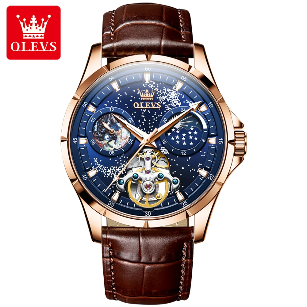 

Мужские часы с турбийоном OLEVS 6671, стильные автоматические механические часы для мужчин, водонепроницаемые светящиеся модные часы с фазой Луны