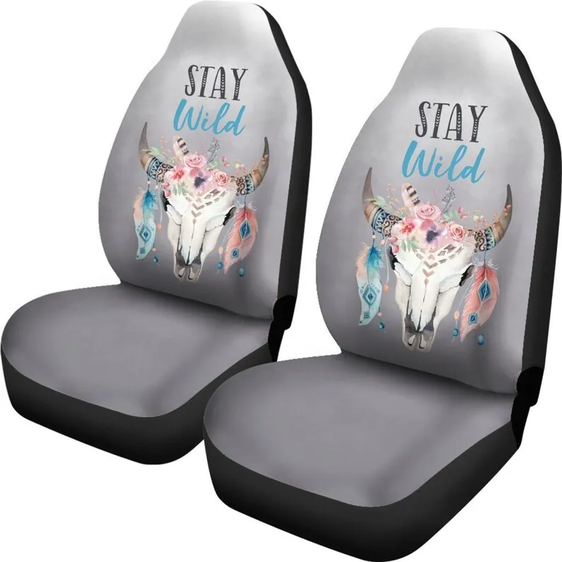 

Stay Wild Boho Car Seat Covers Set Smoke Gray Ombre Watercolor Cow Bull Skull With Feathers Bohemian Art Grey Seat Protectors Et