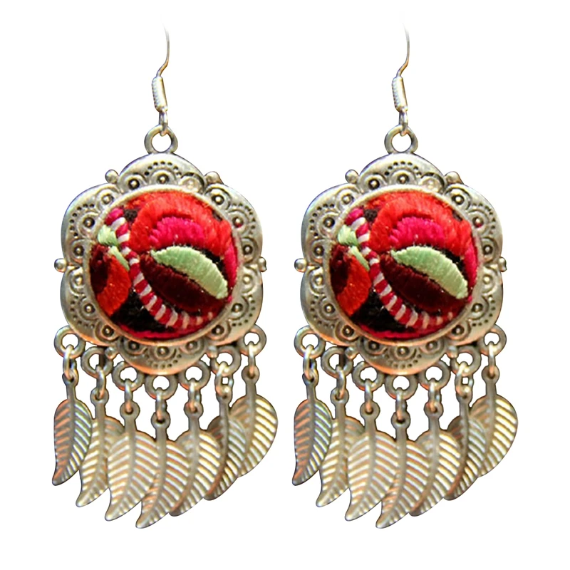 

Серьги в этническом стиле, цветок, ручная вышивка, серебряные женские серьги Miao, Этнические Ретро женские ювелирные изделия, серьги