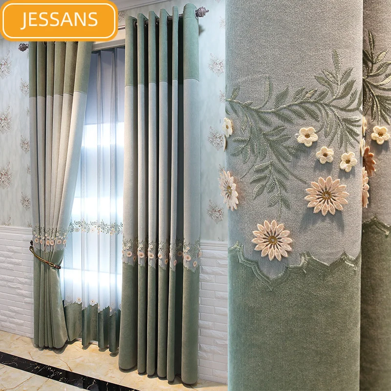 

High-grade Chenille Embossed Embroidered Curtains Stitching Blackout Curtains for Living Room Bedroom Floor-to-ceiling Windows