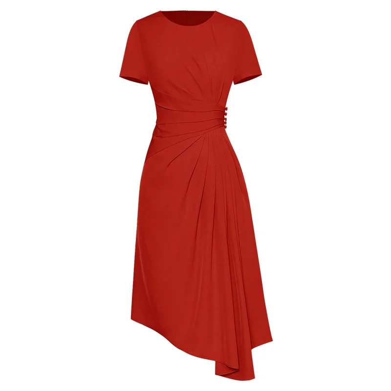 Fashion Designer Summer Women's O Neck Short Sleeves Draped Slim Asymmetrical Red Casual Dresses