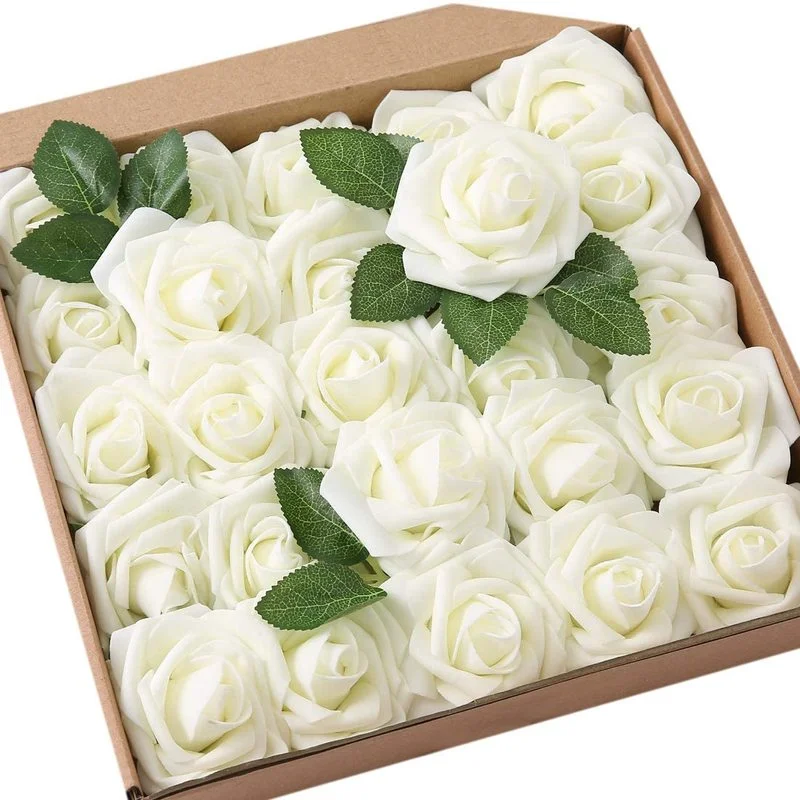 

50pcs Artificial Foam Rose Flowers Fake Roses Vintage DIY Bouquets Boutonnieres for Wedding Bridal Shower Banquet Party Decore