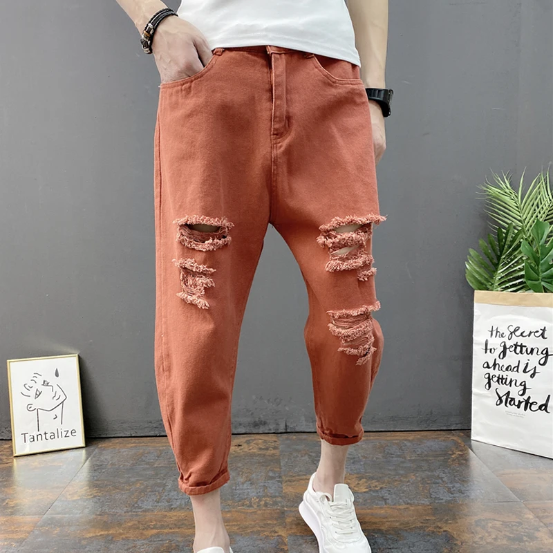 

2022 New Arrival Men Ankle-length Pants Twill Hot Sale Top Fashion Cargo Harem Loose Ripped Big Hole And Small Leg Jeans Capris