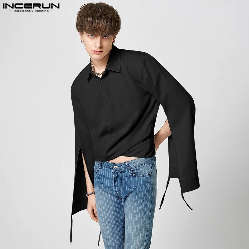 

Fashion Men Irregular Shirt Lapel Long Sleeve Button Lace Up Casual Men Clothing 2023 Streetwear Crop Tops Camisas 5XL INCERUN 7