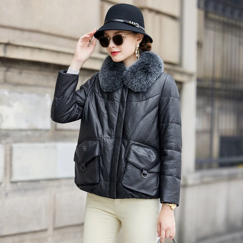 

100% genuine leather real Off season Down jacket fox fur collar women's short sheep coat looks fashionable and young