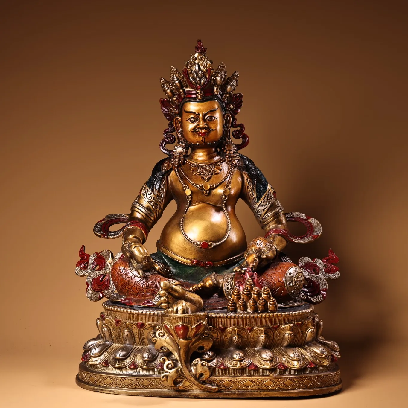 

18"Tibet Temple Collection Old Bronze Outline in gold Painted Cinnabar Yellow Jambhala Buddha Lotus Platform Worship Hall
