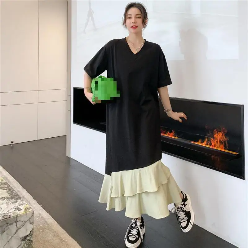 

Новинка лета 2022, простое черное свободное тонкое универсальное женское платье-футболка неправильной формы в уличном стиле, в стиле хип-хоп, ...